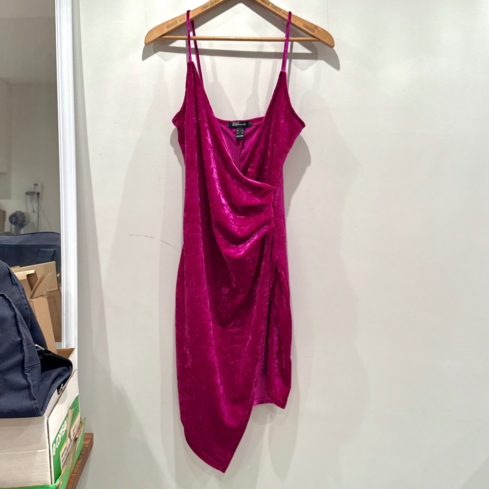 ReVamped fuchsia velvet mini dress with ruching, size M
